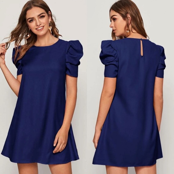 Puff sleeve babydoll shift dress keyhole cutout back short tunic green - Picture 3 of 8